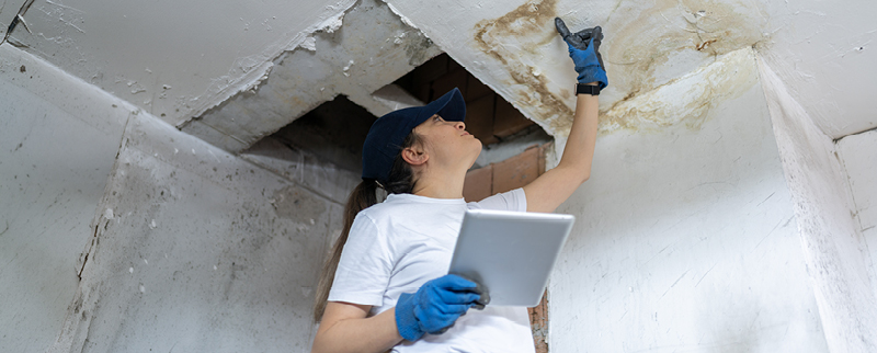 worker assessing ceiling damage