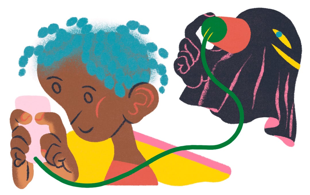 black ghost figure listening into a device that's connected to someone's phone.