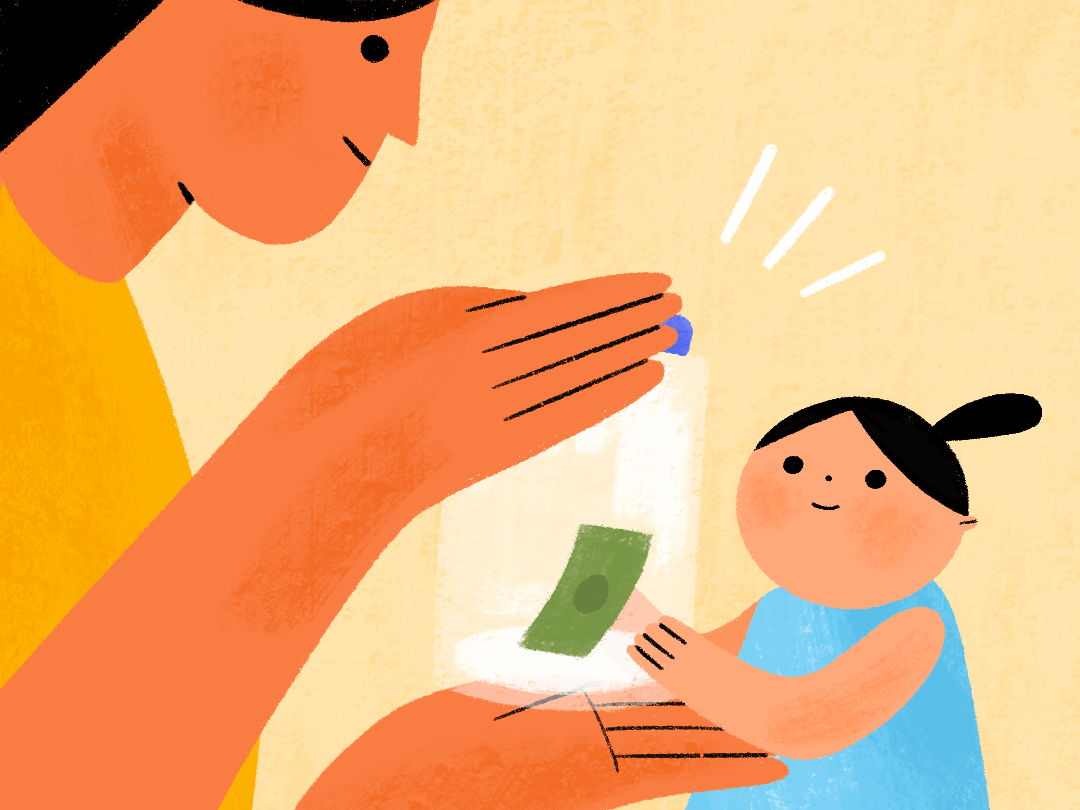 parent handing child a jar with money in it