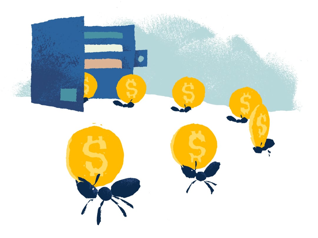 A line of ants remove coins from a wallet.