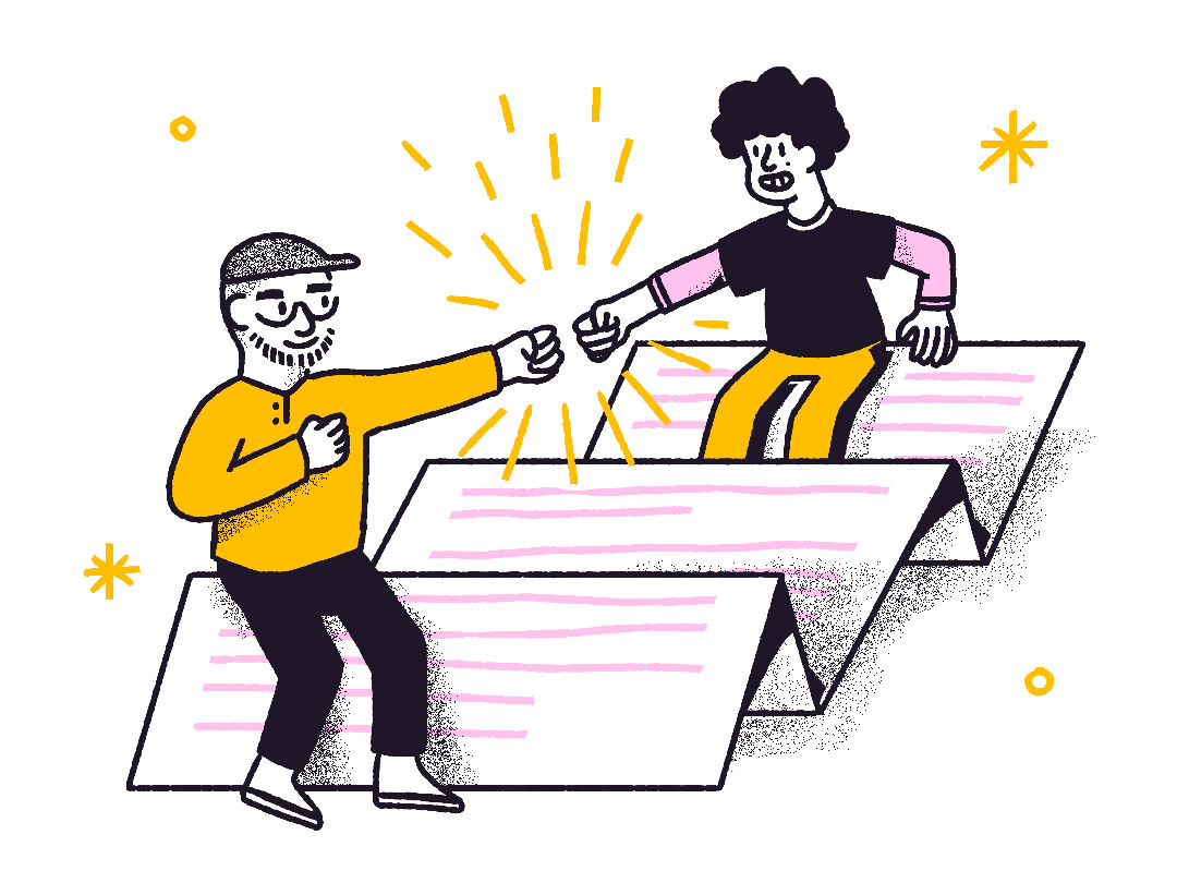 Characters fist bump over a staircase of paper.