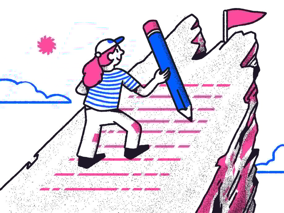 Character writes goals on the side of a mountain with a flag on top.