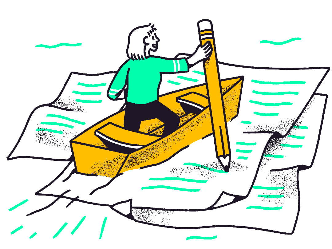 Boat sailing on papers with a pencil as an oar.