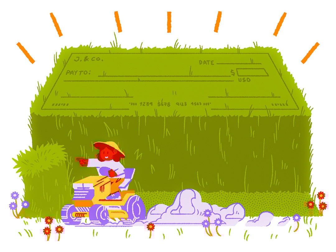 A girl mows around a patch of tall grass so that it looks like a check.