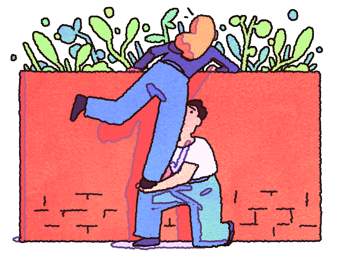 person helping another over a wall to greener pastures