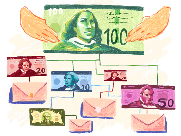 a family tree of cash and envelopes