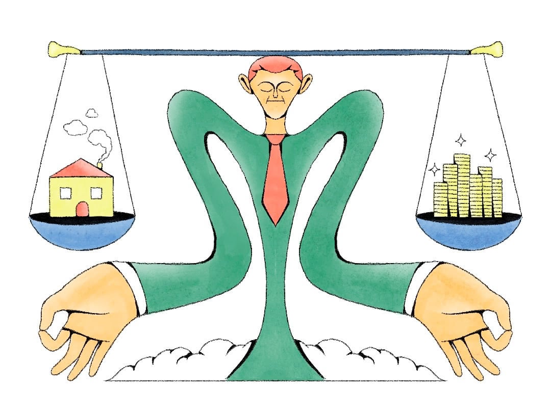 A man meditates while balancing payments and his house on a scale.