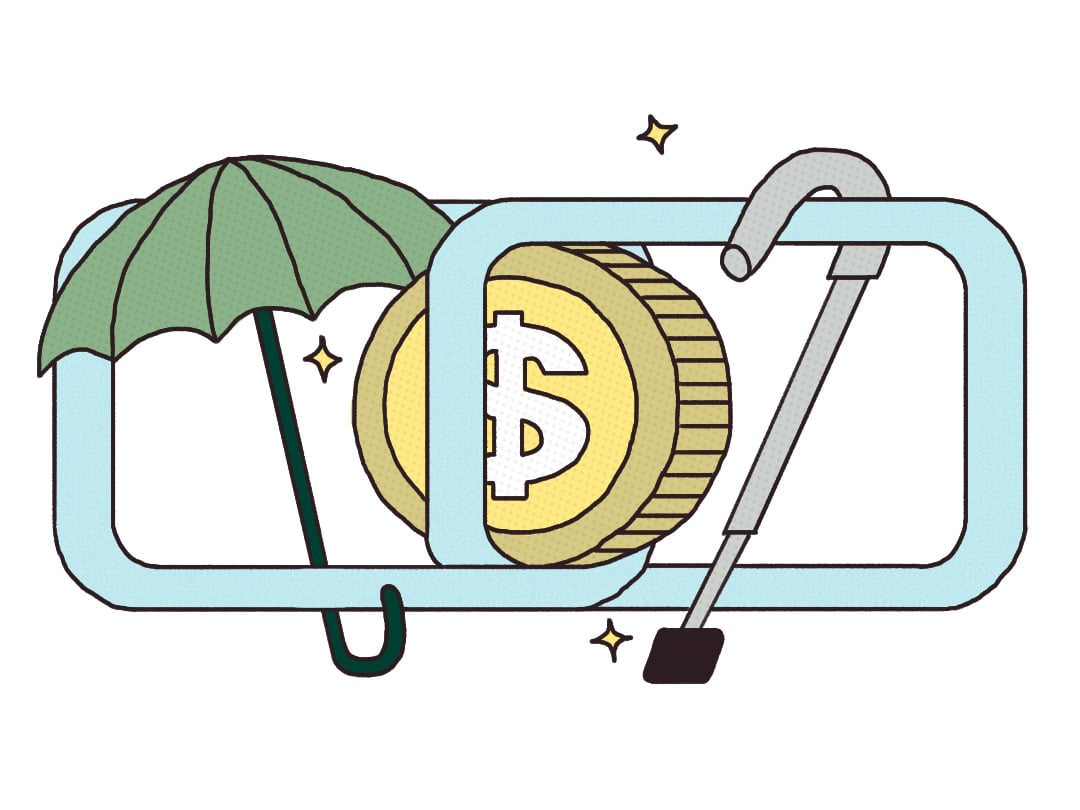 An umbrella, coin, and cane represent rolling savings from a rainy day fund into a retirement plan.