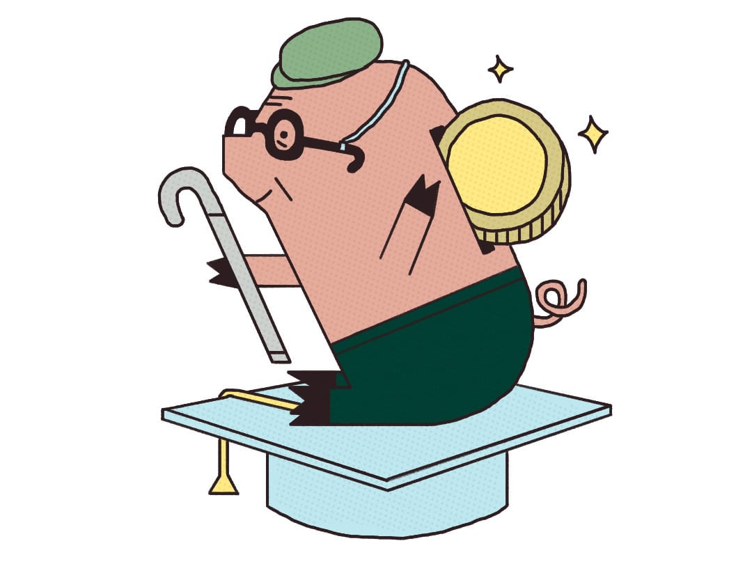 A piggy bank on top of a graduation cap.