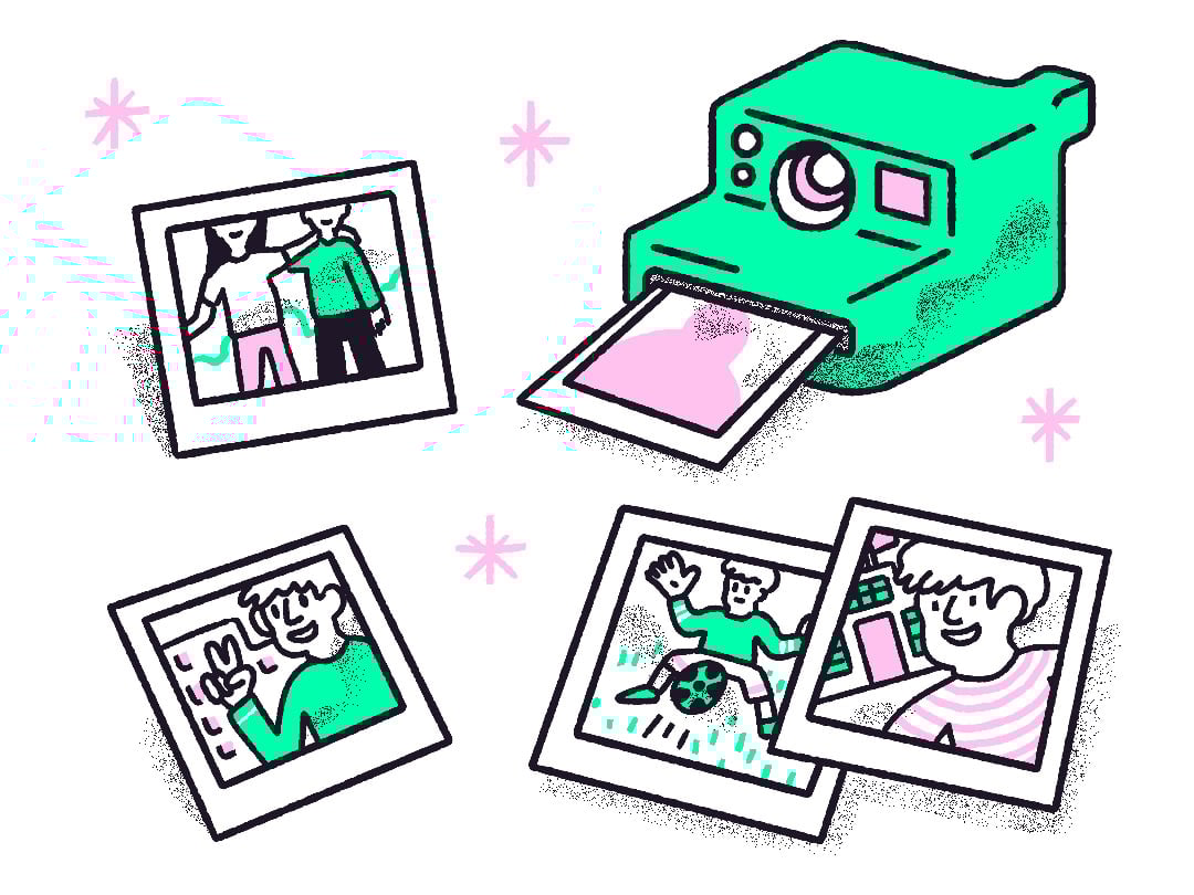 Polaroid camera and polaroids of freshman year.