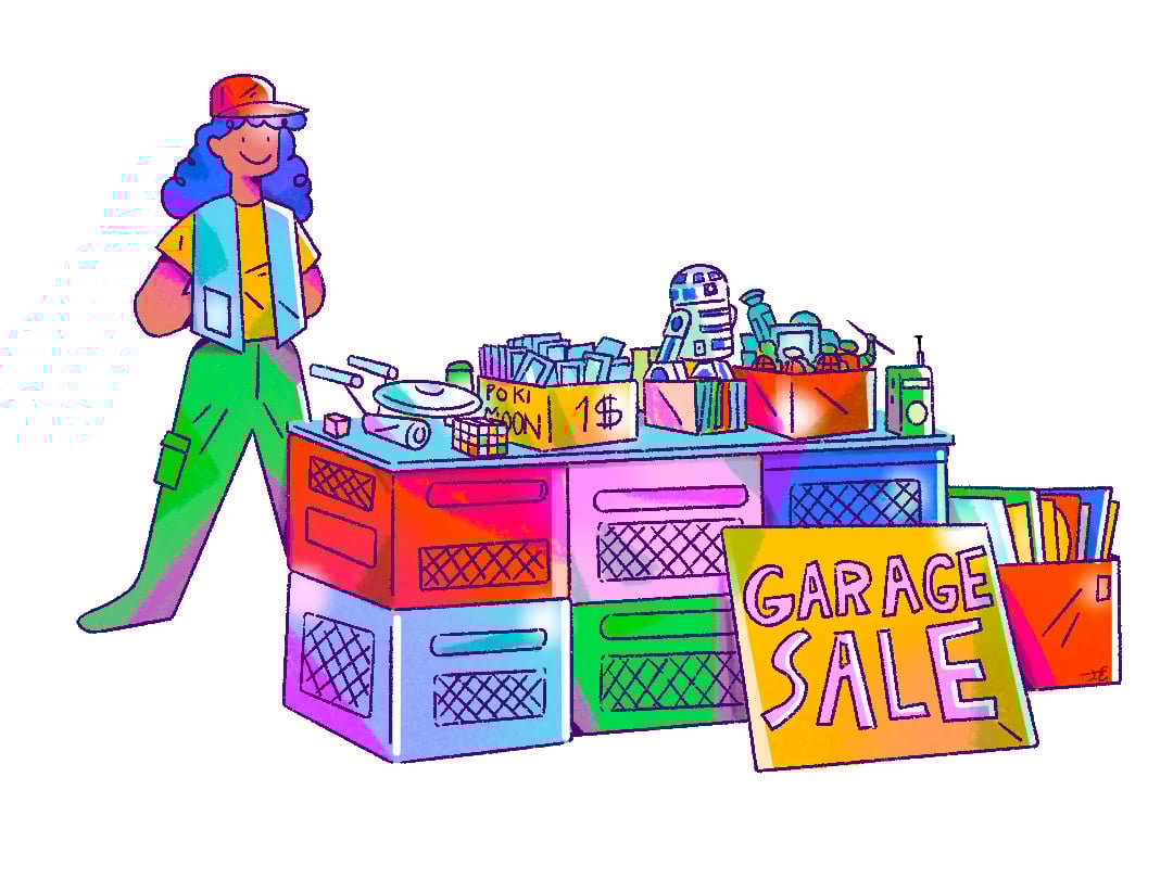 A young entrepreneur sells items at a garage sale to make money.