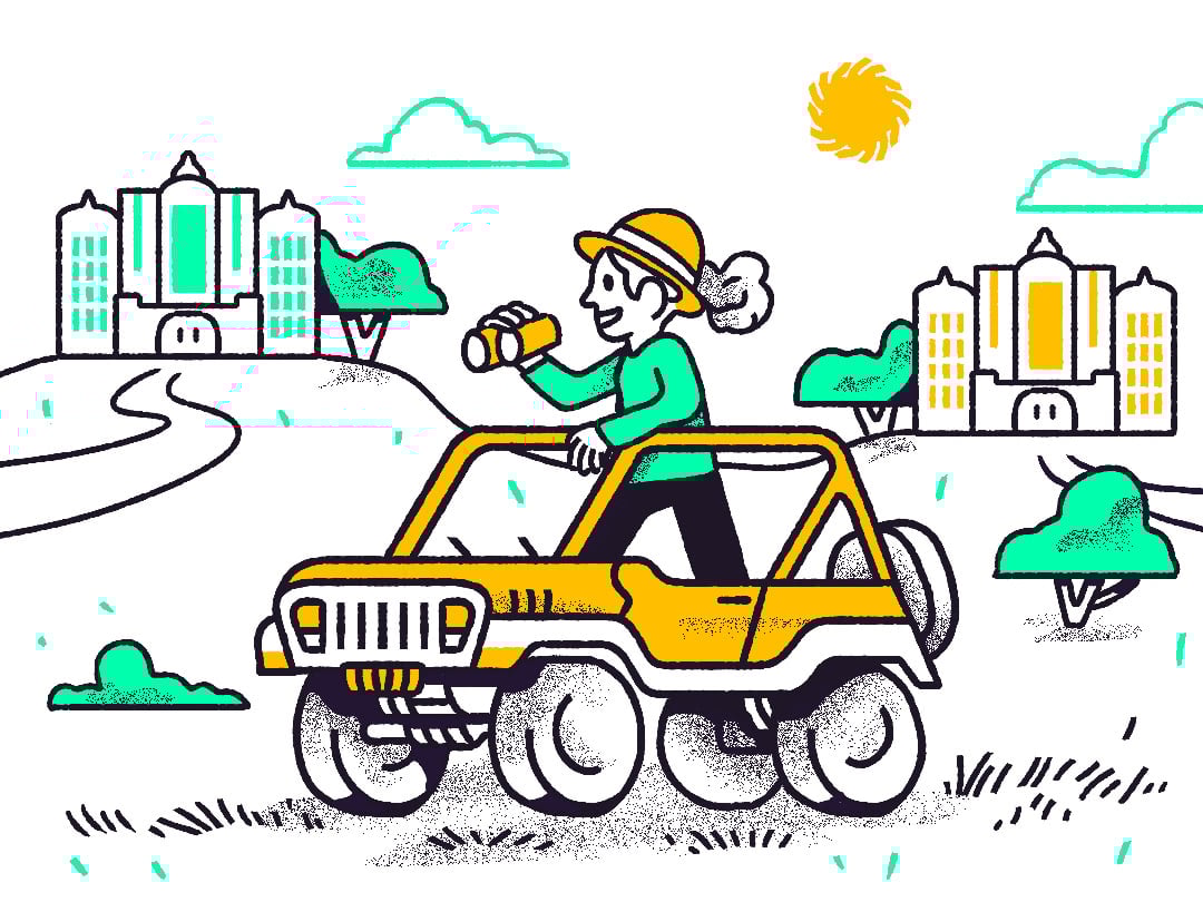 Explorer in a car with binoculars.