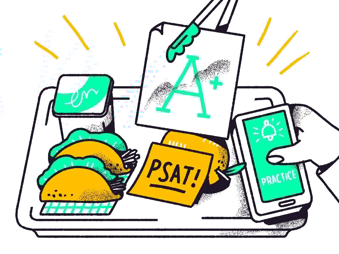 Lunch tray with a PSAT sticky note on it and a practice mobile device screen.