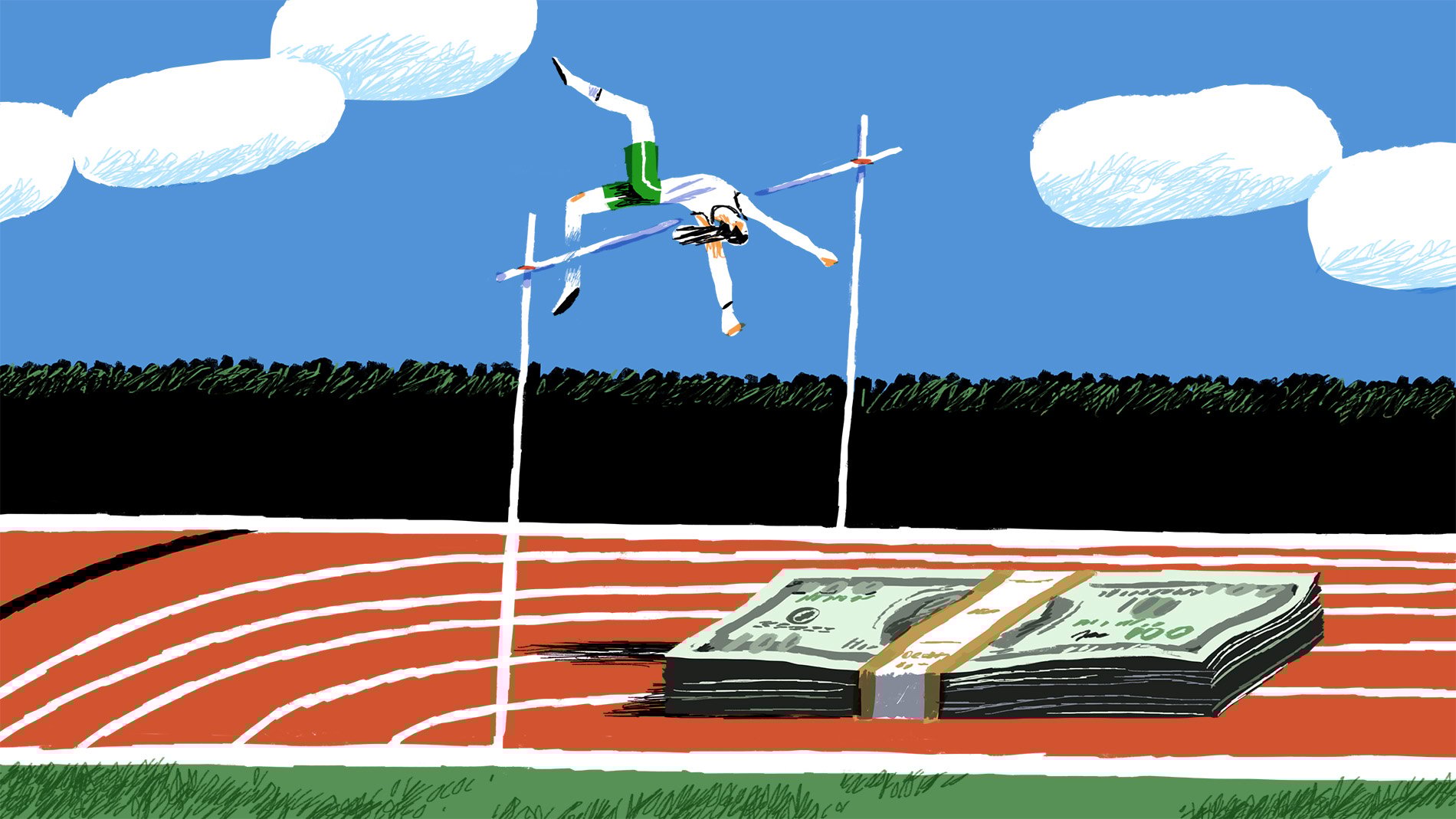 high jumper clearing bar and landing on large stack of of money