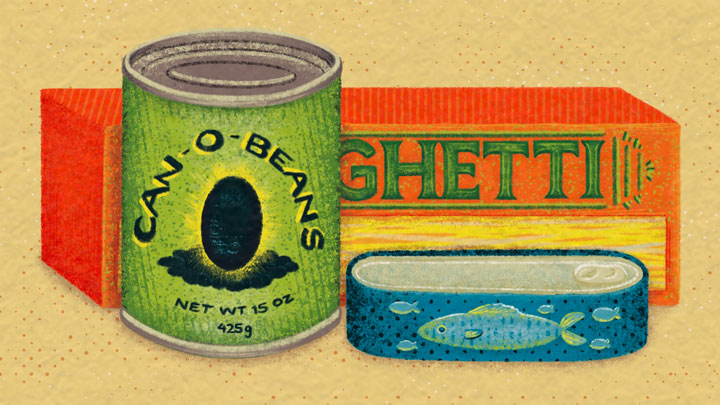 can of bean, box of noodles, and can of tuna fish can of bean, box of noodles, and can of tuna fish