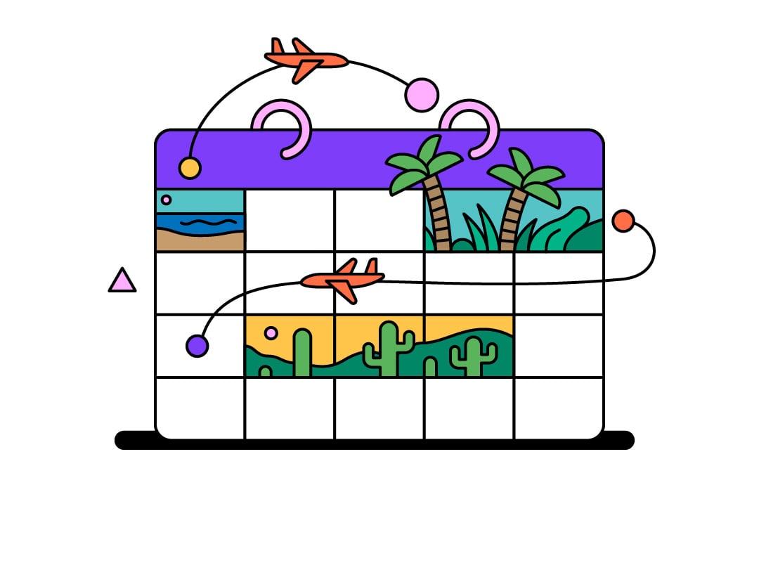abstract calendar with airplanes and vacation spots