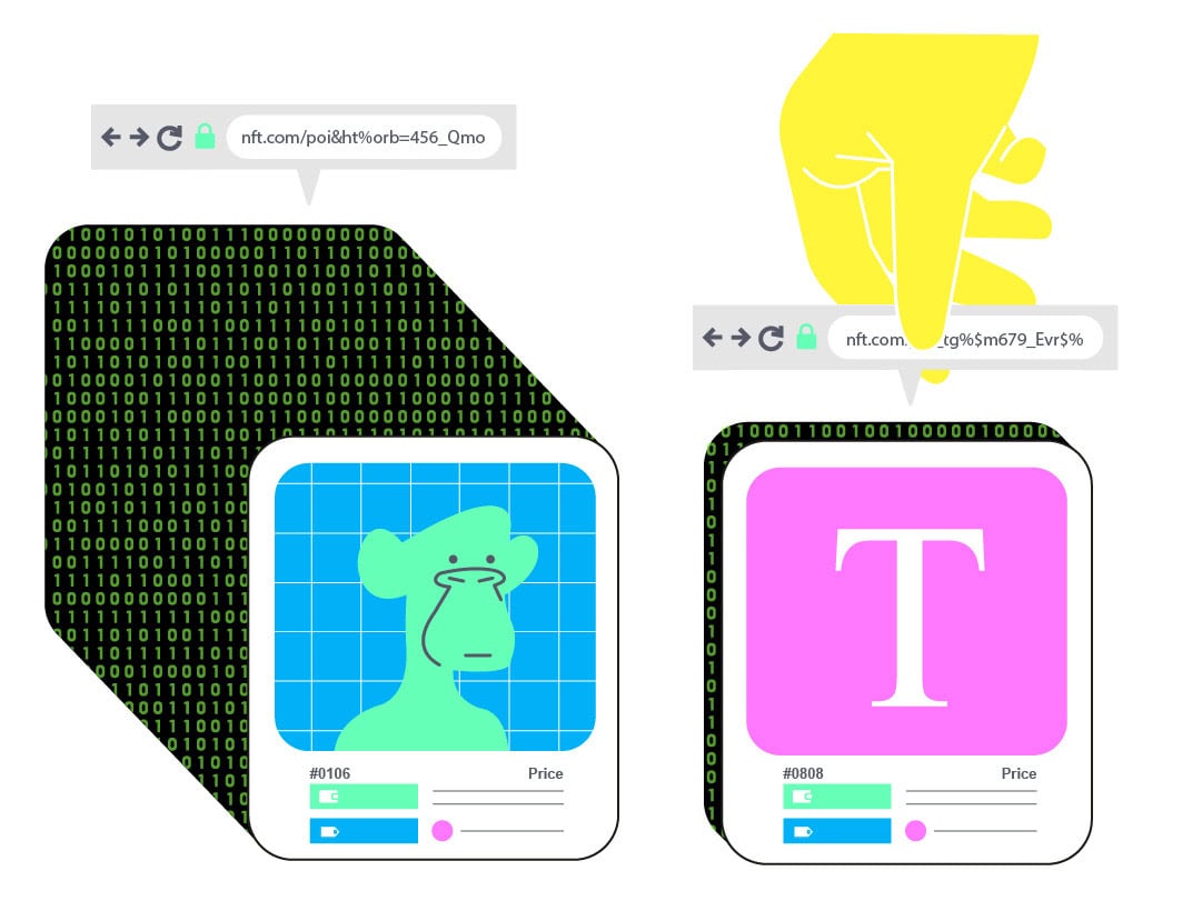 vibrant, visual representation of a how an NFT is purchased on a blockchain like buying a url. vibrant, visual representation of a how an NFT is purchased on a blockchain like buying a url.