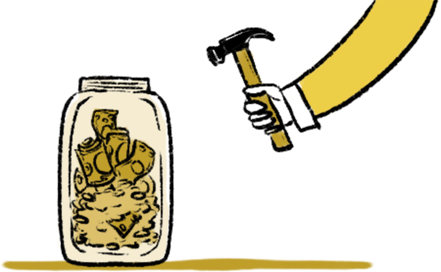 hammer about to hit jar of money