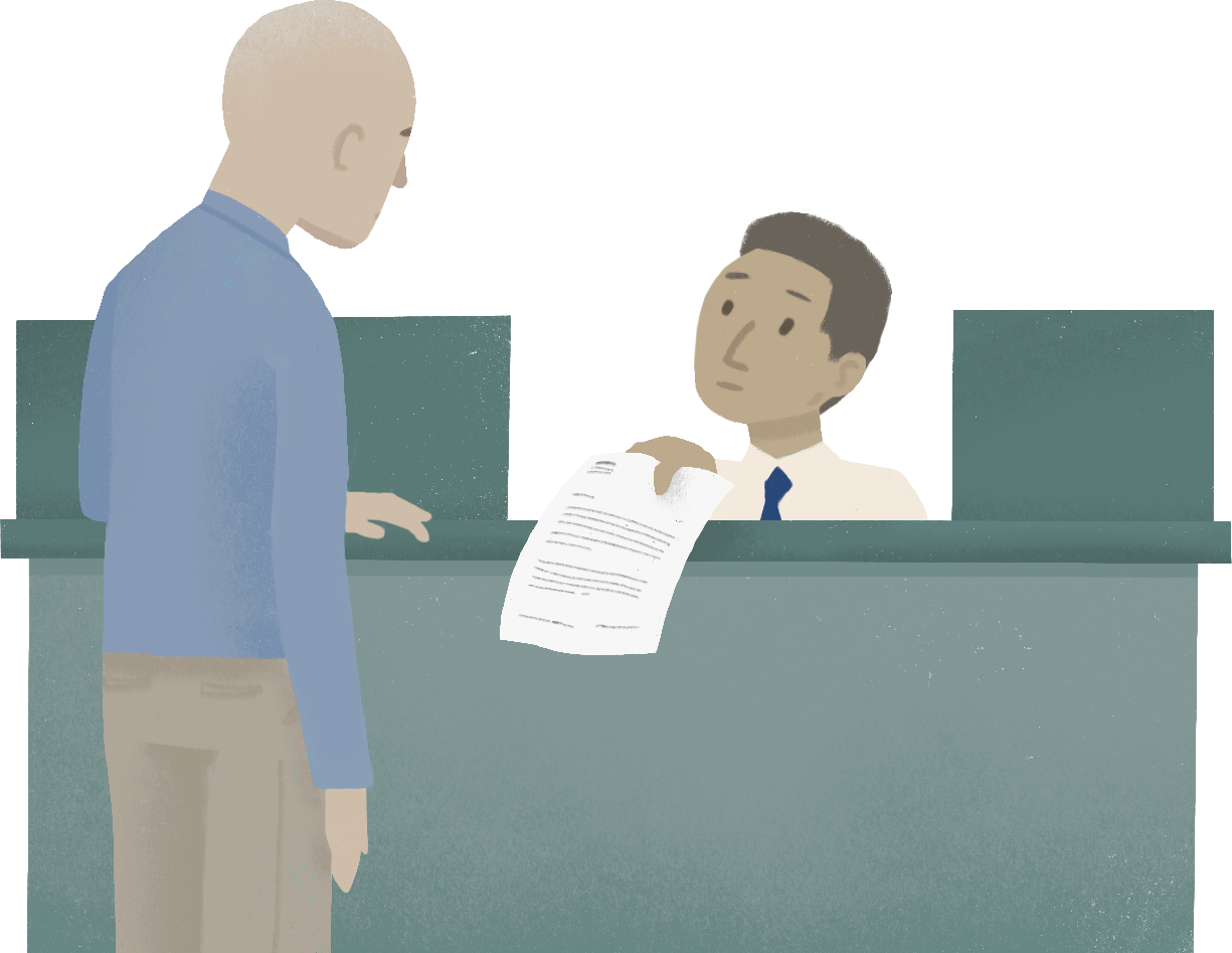 Pensive office worker showing a paper to somber customer