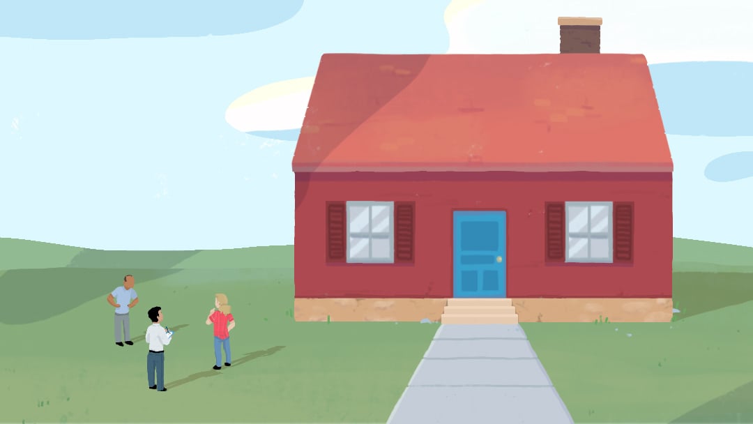 People discussing outside of house