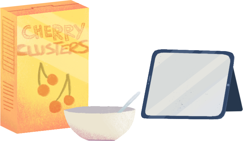 box of cherry clusters cereal, bowl with spoon, and tablet standing with kickstand