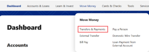 sample showing where transfers and payments is located on menu